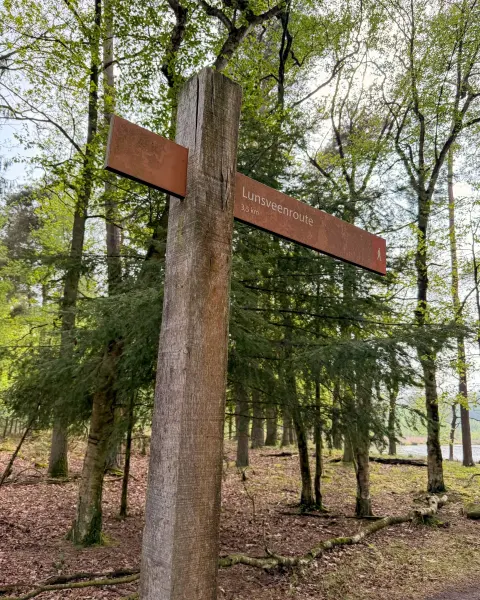 Routepaal van de Lunsveenroute in het bos